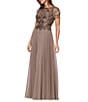 Xscape Short Sleeve Mesh Embellished Gown, Color:Mocha - Image 3