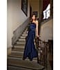 Xscape Strapless Ruched Waist Ruffle Front Stretch Mikado Aline Gown, Color:Navy - Image 6