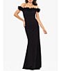 Color:Black - Image 1 - Stretch Crepe Wire Ruffle Off-The-Shoulder Cap Sleeve Mermaid Gown