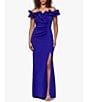 Color:Marine - Image 1 - Stretch Ruffle Off-the-Shoulder Ruched Back Gown