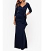 Xscape Stretch V-Neck 3/4 Sleeve Pleated Draped Gown, Color:Midnight - Image 1