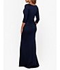 Xscape Stretch V-Neck 3/4 Sleeve Pleated Draped Gown, Color:Midnight - Image 2
