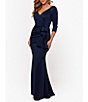 Xscape Stretch V-Neck 3/4 Sleeve Pleated Draped Gown, Color:Midnight - Image 3