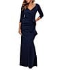 Xscape Stretch V-Neck 3/4 Sleeve Pleated Draped Gown, Color:Midnight - Image 1
