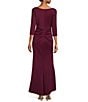 Color:Wine - Image 2 - Stretch V-Neck 3/4 Sleeve Pleated Draped Gown