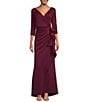 Color:Wine - Image 1 - Stretch V-Neck 3/4 Sleeve Pleated Draped Gown