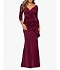 Color:Wine - Image 4 - Stretch V-Neck 3/4 Sleeve Pleated Draped Gown