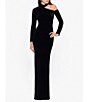 Color:Black - Image 1 - Stretch Velvet Asymmetrical Mock Neck Long Sleeve Gown