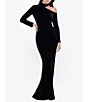 Color:Black - Image 2 - Stretch Velvet Asymmetrical Mock Neck Long Sleeve Gown
