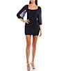 Color:Midnight - Image 1 - Square Neck Sheer 3/4-Blouson-Sleeve Ruched Sheath Dress