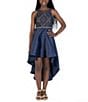 Color:Nude/Navy - Image 3 - Big Girls 7-16 Bonded-Lace/Mikado High-Low Dress