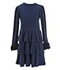 Color:Navy - Image 1 - Big Girls 7-16 Faux Fur Trimmed Long Sleeve Fit And Flare Sweater-Knit Dress