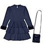 Color:Navy - Image 3 - Big Girls 7-16 Faux Fur Trimmed Long Sleeve Fit And Flare Sweater-Knit Dress