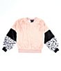 Color:Black/Blush - Image 1 - Big Girls 7-16 Long-Sleeve Animal Print Sleeves/Solid Color Block Stripe Faux-Fur Sweatshirt