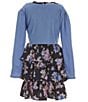 Color:Navy/Lavender - Image 2 - Big Girls 7-16 Long Sleeve Solid Shrug & Sleeveless Floral-Printed Fit & Flare Dress Set