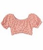 Color:Coral/Ivory - Image 1 - Big Girls 7-16 Short Sleeve Ditsy-Floral Tie-Back Cropped Top