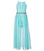 Color:Aqua - Image 1 - Big Girls 7-16 Sleeveless Cut-Out Jeweled Waist Chiffon Walk-Through Glitter Lace Romper