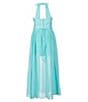 Color:Aqua - Image 2 - Big Girls 7-16 Sleeveless Cut-Out Jeweled Waist Chiffon Walk-Through Glitter Lace Romper