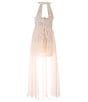 Color:Pale Blush - Image 2 - Big Girls 7-16 Sleeveless Cut-Out Jeweled Waist Chiffon Walk-Through Glitter Lace Romper