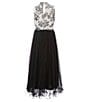 Color:Ivory/Black - Image 2 - Big Girls 7-16 Sleeveless Floral/Sheer-Overlay Glitter Top Solid Skirted Long Dress