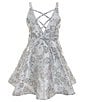 Color:Blue/Silver - Image 2 - Big Girls 7-16 Sleeveless Foiled-Brocade Fit-And-Flare Dress