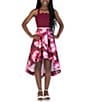 Color:Wine/Fuchsia - Image 1 - Big Girls 7-16 Solid Scalloped Bodice/Printed High-Low-Hem Skirted Ballgown