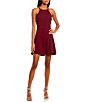 Color:Burgundy - Image 3 - Halter Neck Lace Bra Back Fit-And-Flare Dress