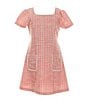 Color:Coral - Image 1 - Little Girls 4-6X Short Sleeve Faux Pearl-Trimmed Pocket Metallic Boucle Dress