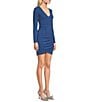 Color:New Blue - Image 3 - Long Sleeve V-Neck Bodycon Faux Wrap Dress