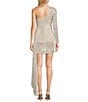 Color:Ivory/Silver - Image 2 - One Shoulder Sequin Wrap Drape Mini Dress