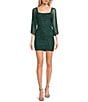 Color:Hunter - Image 1 - Rhinestone 3/4 Mesh Sleeve Ruched Bodycon Dress