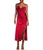 Color:Ruby Red - Image 1 - Satin Cowl Neck Shirred Side Slit Midi Slip Dress
