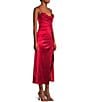 Color:Ruby Red - Image 3 - Satin Cowl Neck Shirred Side Slit Midi Slip Dress