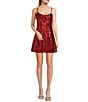 Color:Red - Image 1 - Sequin Rose Chest A-Line Mini Dress