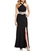 Color:Black - Image 1 - Sleeveless Y-Neck Embellished Infinity Cutout ITY Long Slit Hem Dress