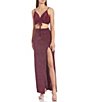 Color:Wine - Image 1 - Spaghetti Strap Cinched V-Neck Top & Glitter Knit Slit Long Skirt 2-Piece Dress