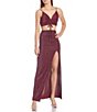 Color:Wine - Image 3 - Spaghetti Strap Cinched V-Neck Top & Glitter Knit Slit Long Skirt 2-Piece Dress