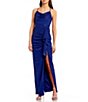 Color:Royal Blue - Image 1 - Spaghetti Strap Cowl Neck X-Back Ruffle Slit Hem Long Dress