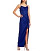 Color:Royal Blue - Image 2 - Spaghetti Strap Cowl Neck X-Back Ruffle Slit Hem Long Dress