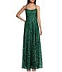 Color:Hunter - Image 1 - Spaghetti Strap Lace-Up Back Square-Neck Embroidered Mesh Long Dress