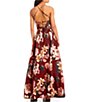 Color:Maroon/Blush - Image 2 - Spaghetti Strap Square Neck Lace-Up Back Floral Mikado Box Pleated Ball Gown