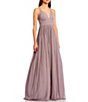 Color:Orchid/Silver - Image 2 - Spaghetti Strap V-Neck Dew Drop Mesh Ball Gown