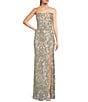 Color:Beige/Silver - Image 1 - Strapless Pattern Sequin Front Slit Long Dress
