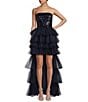 Color:Navy - Image 1 - Strapless Sequin Tiered Tulle High-Low Ball Gown
