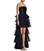 Color:Navy - Image 3 - Strapless Sequin Tiered Tulle High-Low Ball Gown