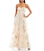 Color:Cream/Rose - Image 1 - Strapless Sweetheart Neck Floral Mesh Pleated Ball Gown