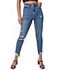 Color:Medium Blue Rips - Image 1 - High Rise Slim Straight Leg Raw Ankle Jeans