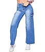 Color:Medium Blue - Image 1 - High Rise Wide Leg Cargo Jeans