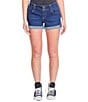 Color:Midnight Sky Blue - Image 1 - Low Rise 2 Button Front Cuffed Hem Denim Shorts
