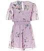 Color:Lilac - Image 2 - Big Girls 7-16 Short-Flutter-Sleeve Printed Chiffon Smocked Waist Flounce Romper